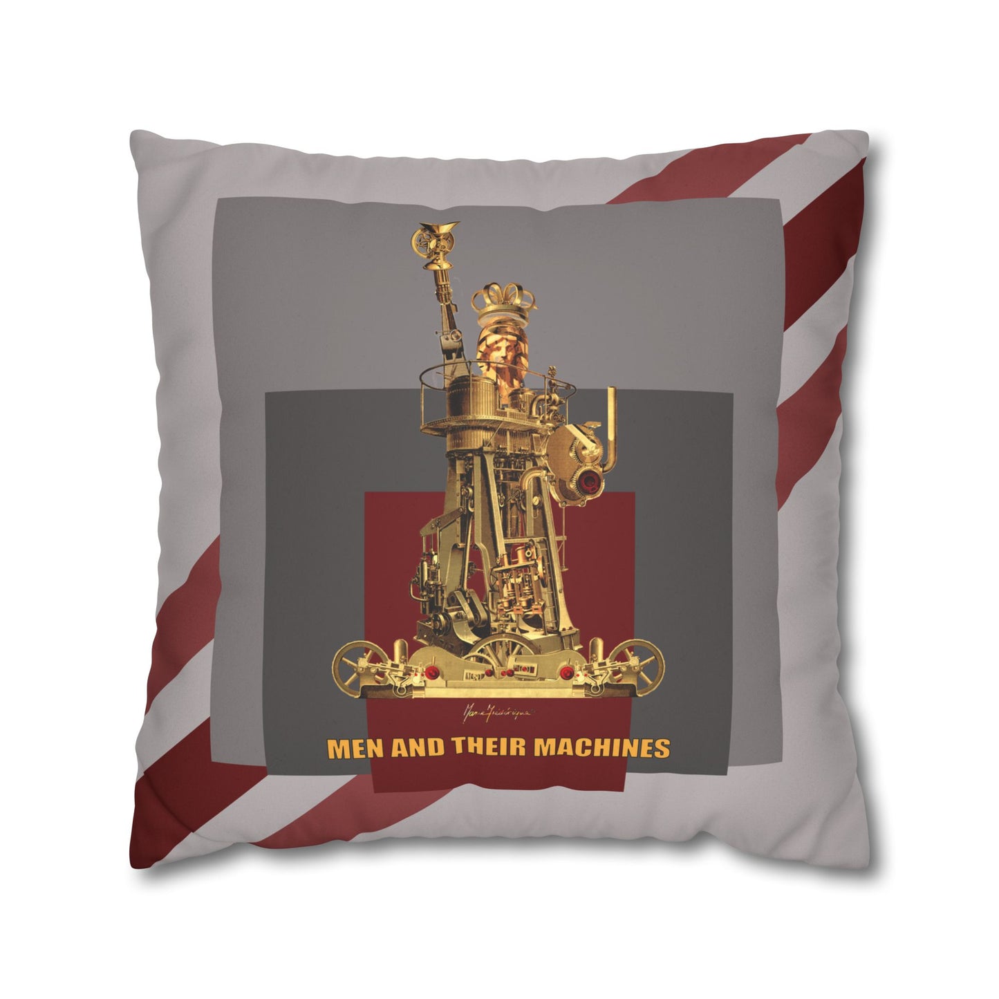 Vintage Steam Engine Liberty Pillowcase — "Men and Their Machines" Faux Suede Throw Pillow by artist Marie Frederique