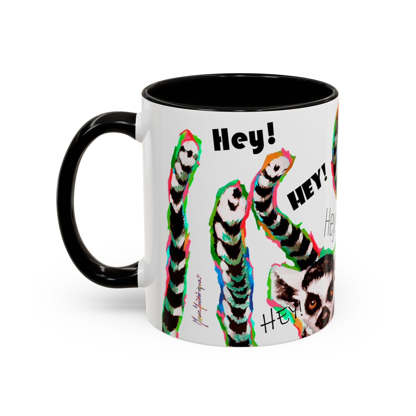 Lemurs from Madagascar scrambling to say "Hey!" - Colorful Mug by Artist Marie Frederique