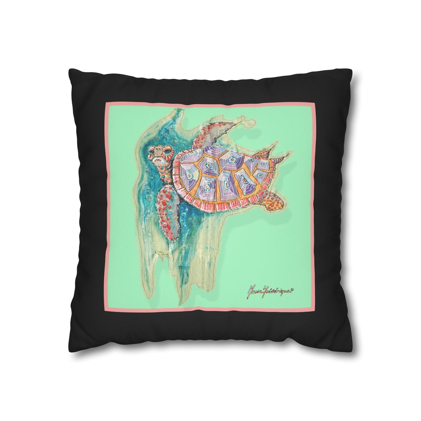 Sea Turtle Art Pillowcase – Colorful Coastal Faux Suede Throw Pillow by artist Marie Frederique
