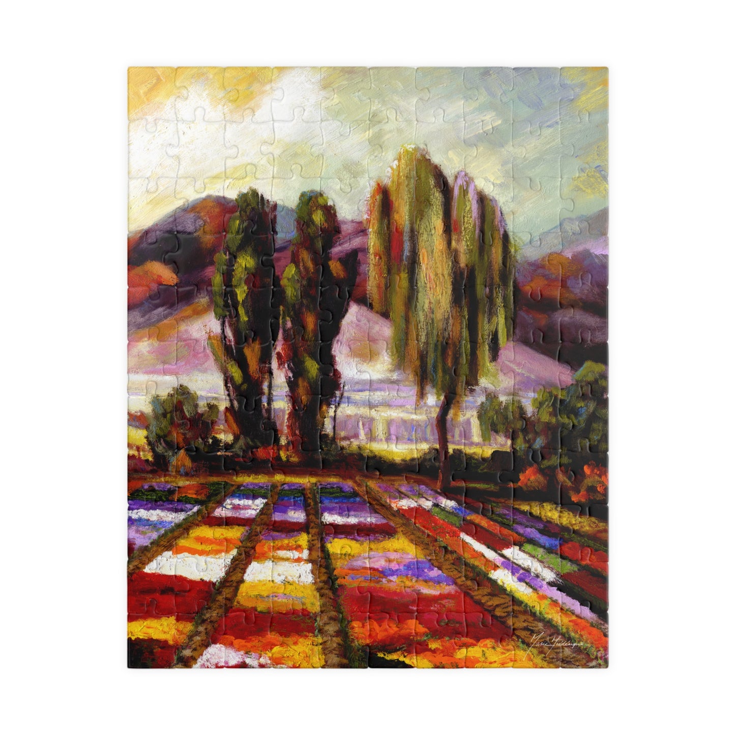 My Happy place, multicolored Flower fields with Eucalyptus trees Jigsaw Puzzle, 110, 252, 520-Piece by Artist Marie Frederique