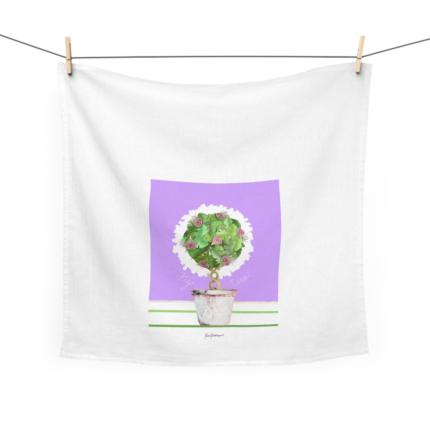 Potted Fig Topiary Kitchen/Tea Towel (Purple Background) by artist Marie Frederique