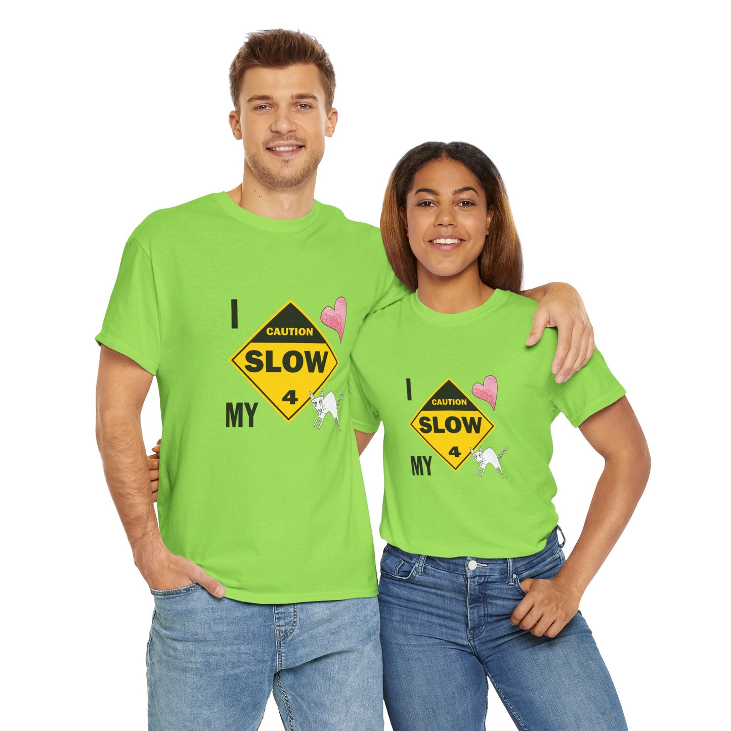 Slow, Caution - I love my cat, Tee Unisex Heavy Cotton Tee by artist Marie Frederique