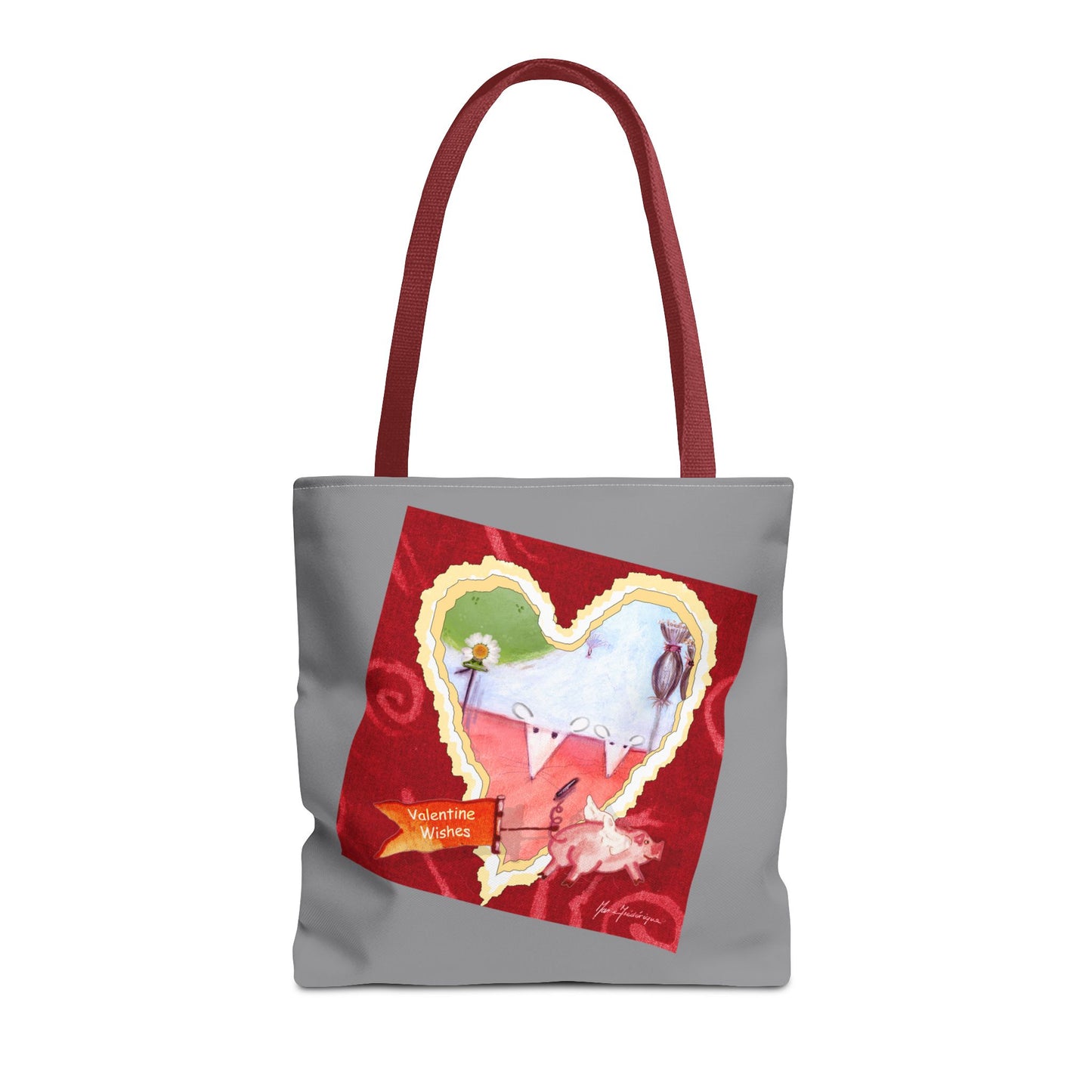 Valentine Tote Bag, Love is in the air - grey and red (2 different images on one bag) by artist Marie Frederique