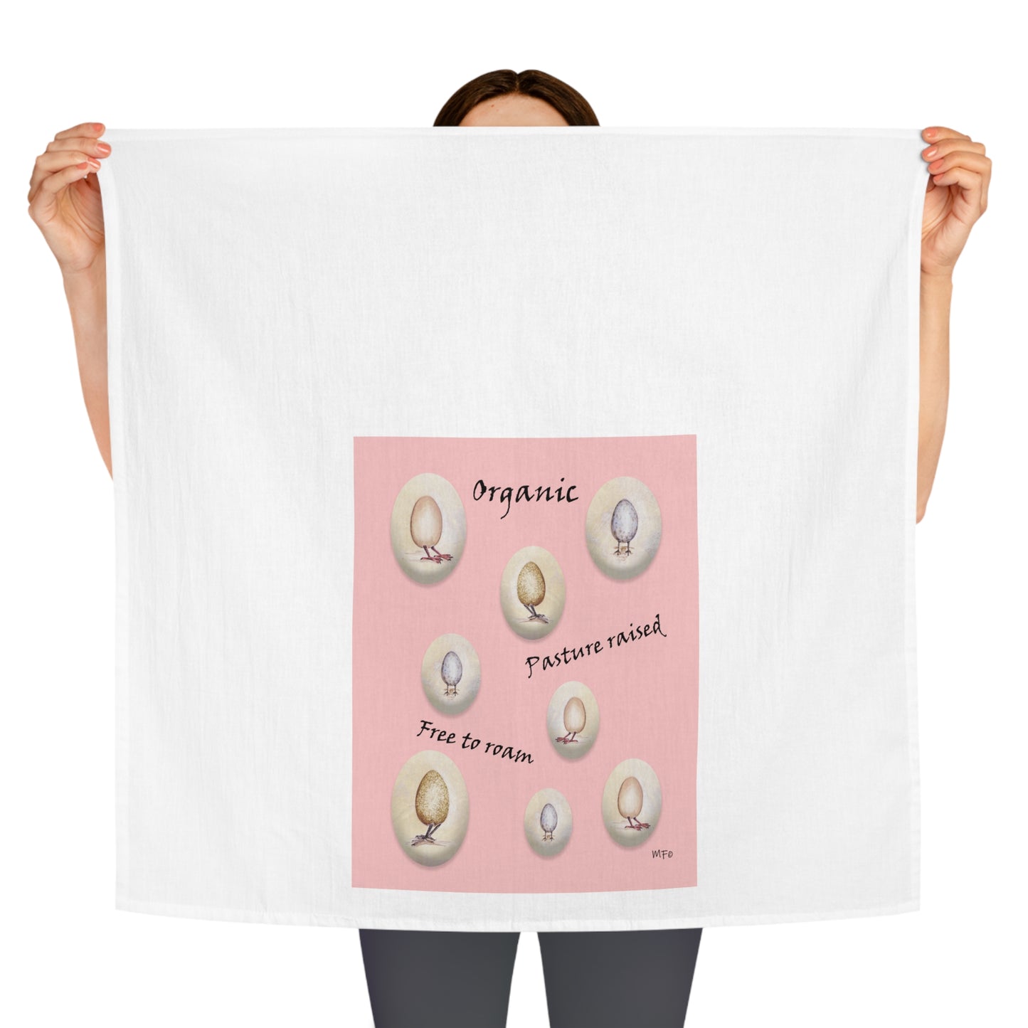 Whimsical Organic Eggs on legs Tea Towel - 'Free to Roam' Design by artist Marie Frederique