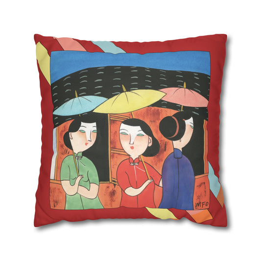 Village life Decorative Pillow cover - Colorful Umbrella Girls and ducks, Artwork by artist Marie Frederique
