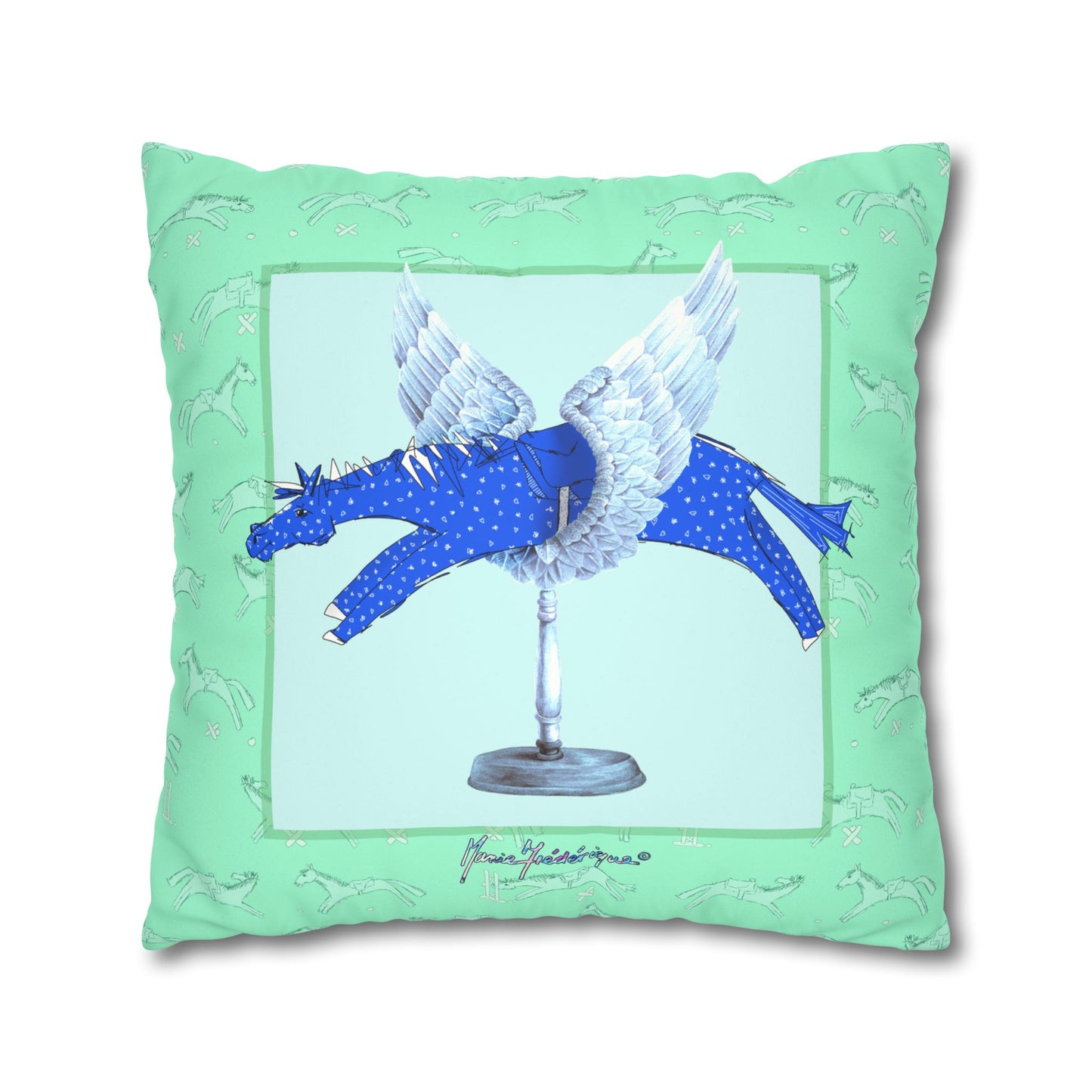 Winged Blue Horse Faux Suede Pillowcase — Decorative Square Throw Pillow Cover by artist Marie Frederique