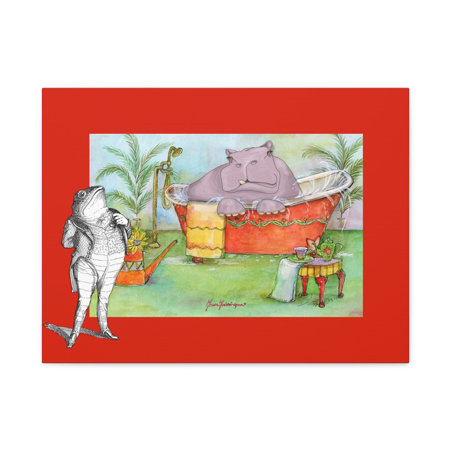 Hippo in Bathtub Canvas Wall Art – Whimsical Animal Bathroom Decor by artist Marie Frederique