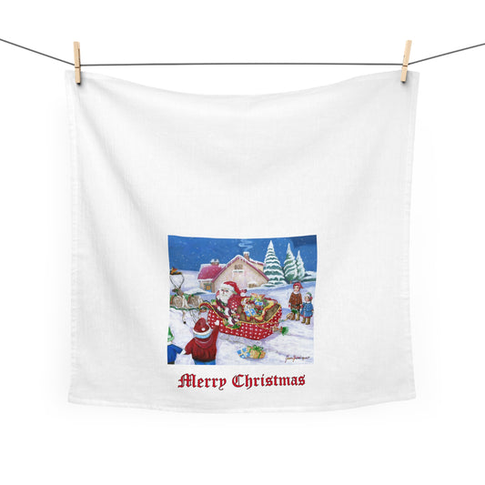Christmas Santa Sleigh Cotton Tea Towel - Christmas Decor by artist Marie Frederique