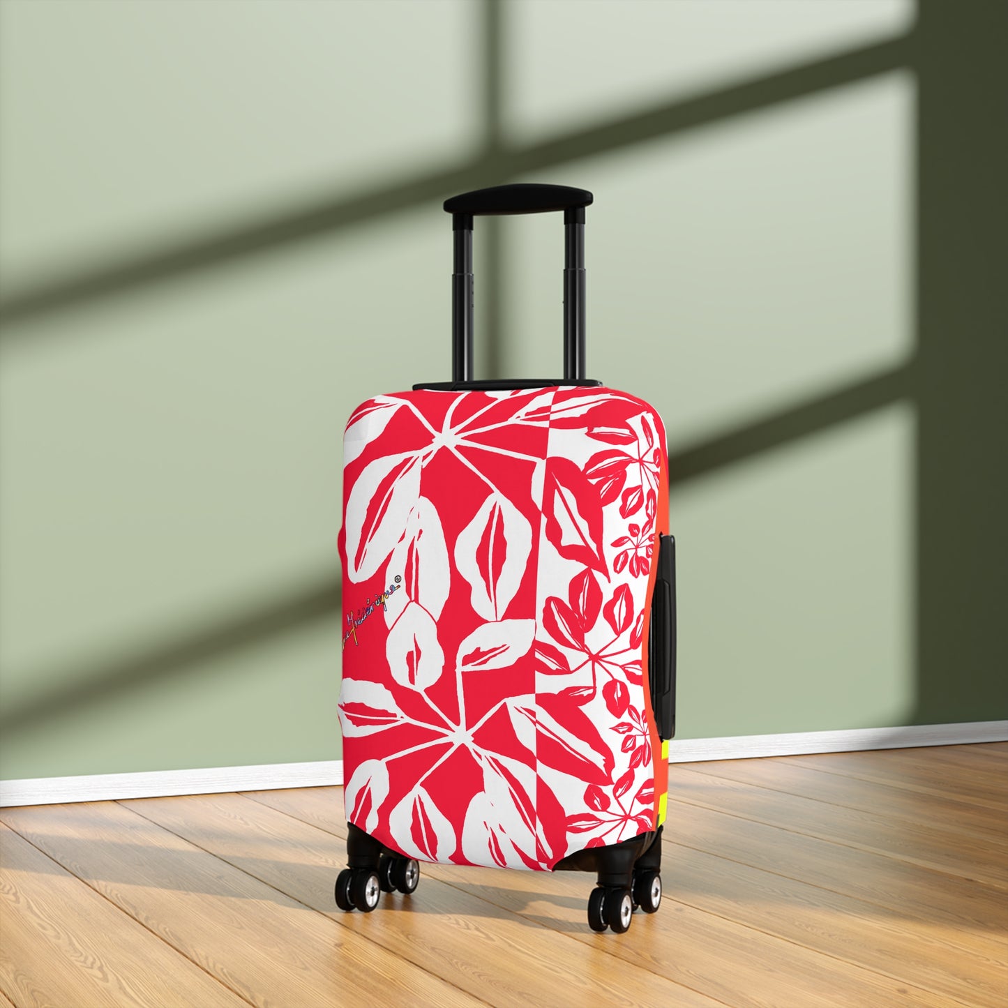 Luggage Cover, Tropical leaves in Red and White by artist Marie Frederique