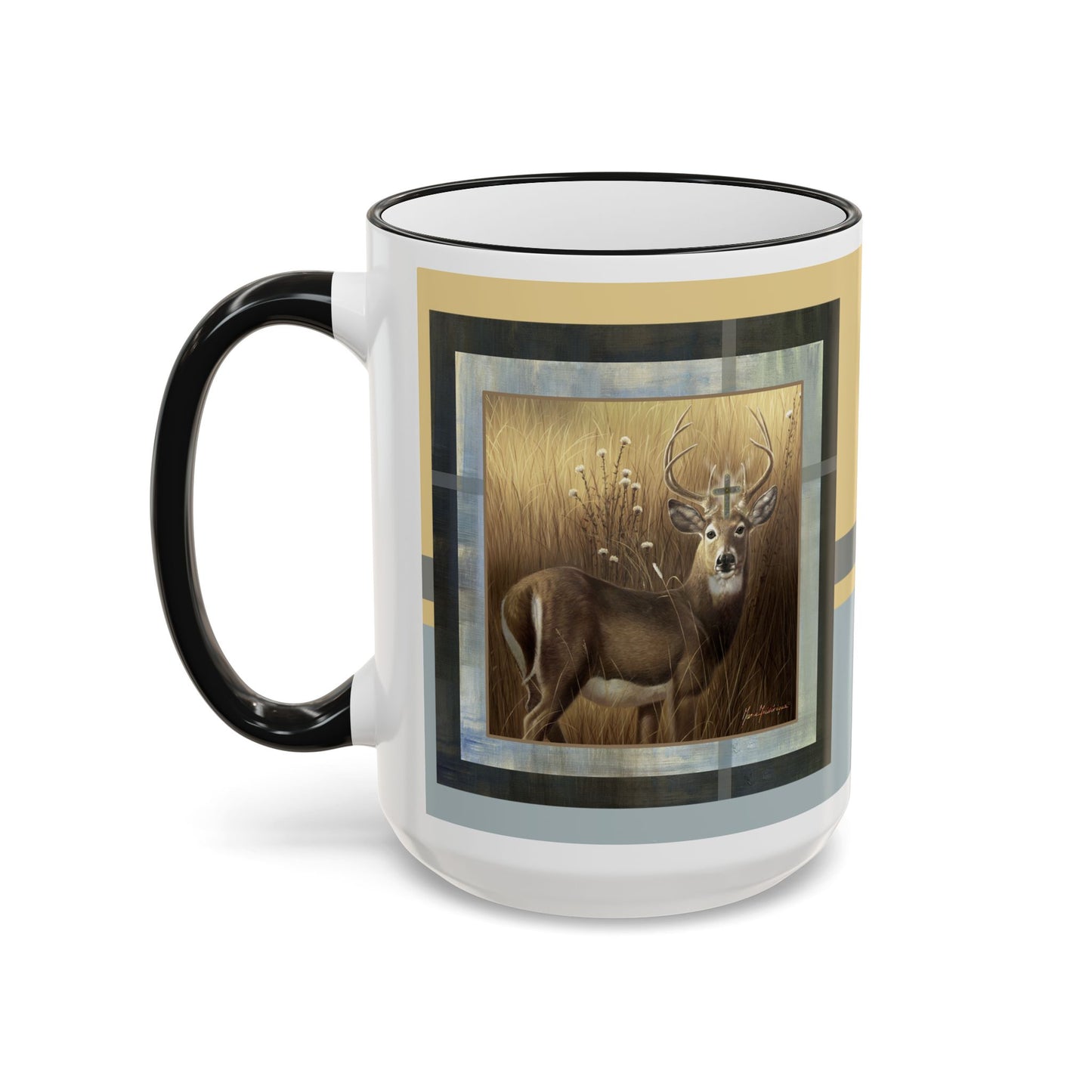 Christian Stag symbol, Deer Accent Rim Mug — 11oz & 15oz by artist Marie Frederique