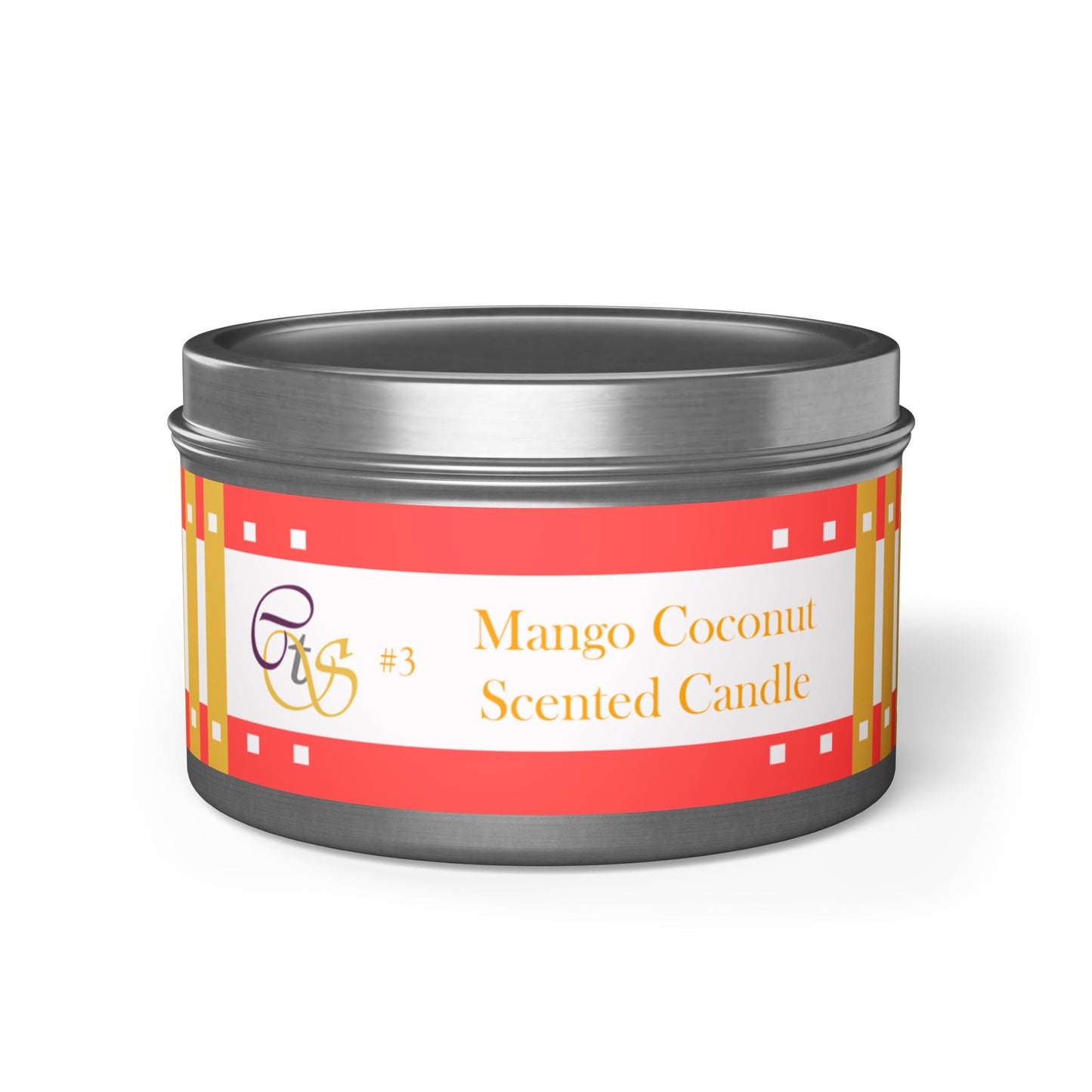 CTS #3 Candle Collection, "Mango Coconut" Scented Coconut Soy Wax Candle in a metal tin. 4 oz or 8 oz, 3 tin colors silver, black or gold