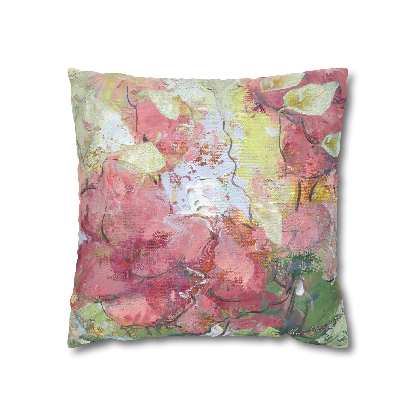Floral Abstract Faux Suede Pillowcase – Pink Watercolor Square Throw Pillow Cover by artist Marie Frederique