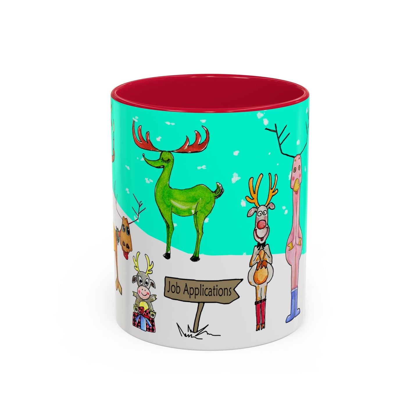 Santa's Job application line up, Christmas Mug, by artist Marie Frederique