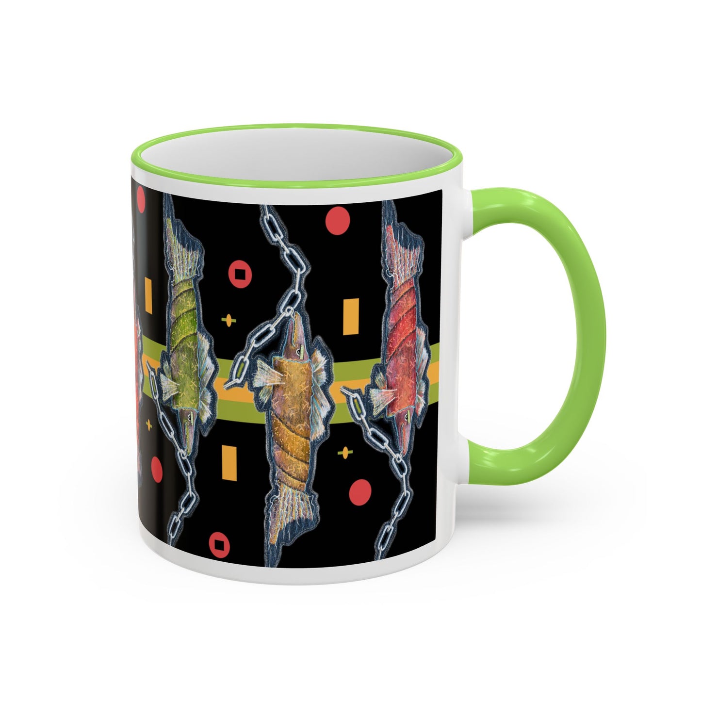Abstract Neon Fish Pattern Mug — Accent Rim & Handle Ceramic Coffee Cup (11oz/15oz) by artist Marie Frederique