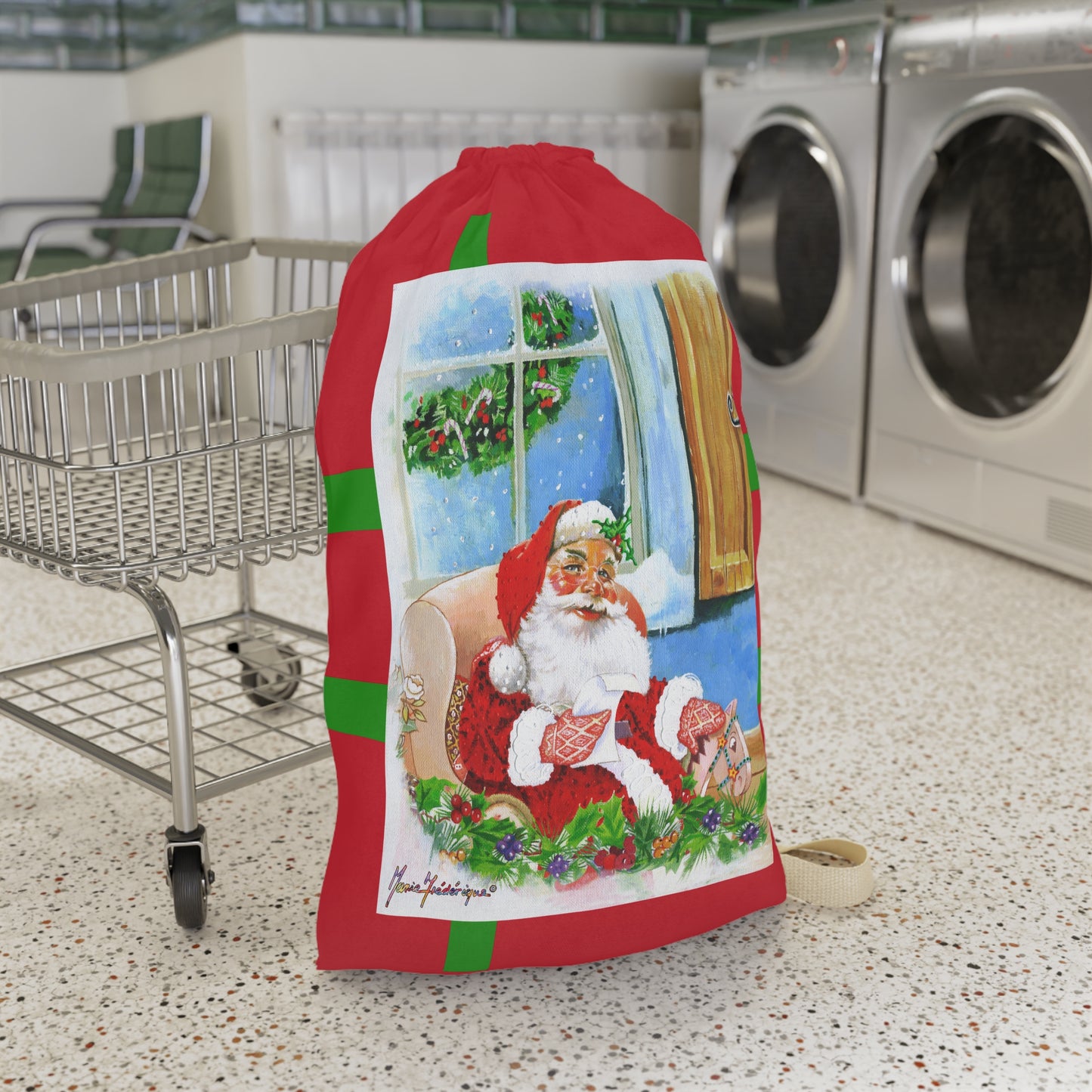 Christmas Santa Laundry Bag — Holiday Gift Sock & Linen Organizer by artist Marie Frederique