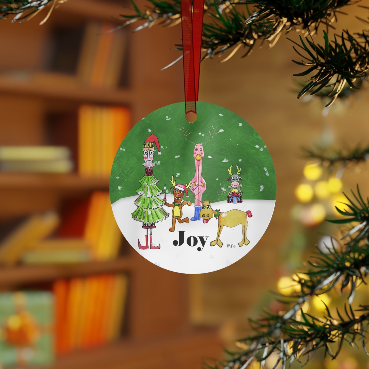 Christmas Ornament double sided print- Reindeer and Christmas Tree Joy by artist Marie Frederique