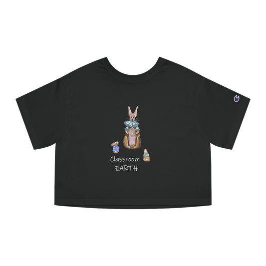 Classroom Earth - Teacher Rabbit and 2 students, Black with white lettering 100% Cotton Cropped T-Shirt by artist Marie Frederique