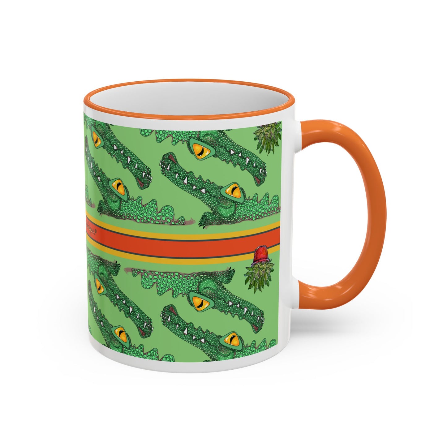 Funny Alligator Pattern Mug — Green Crocodile Design (11oz/15oz) by artist Marie Frederique