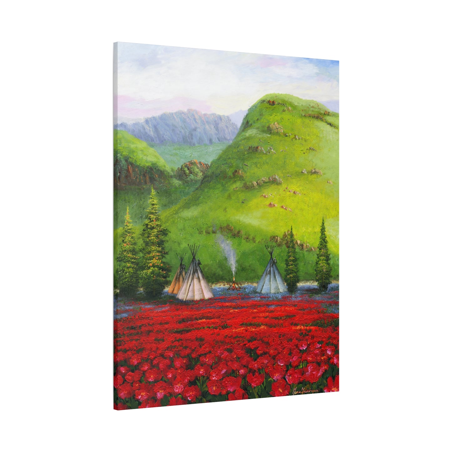Serene Native American Landscape with Red Poppy Fields - Canvas Print by artist Marie Frederique