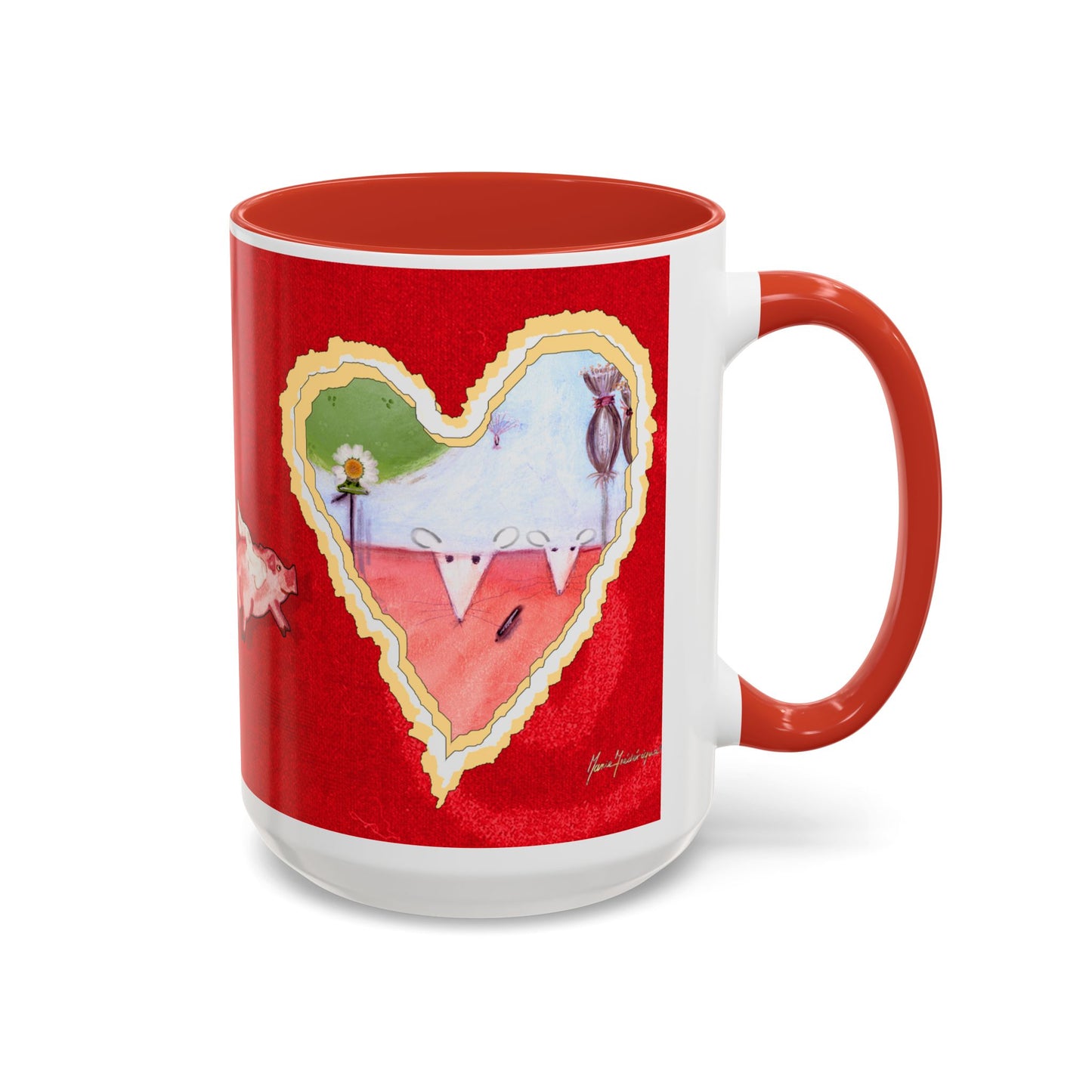 Valentine Watermelon wishes with flying pig - Accent Coffee Mug (11, 15oz) by artist Marie Frederique