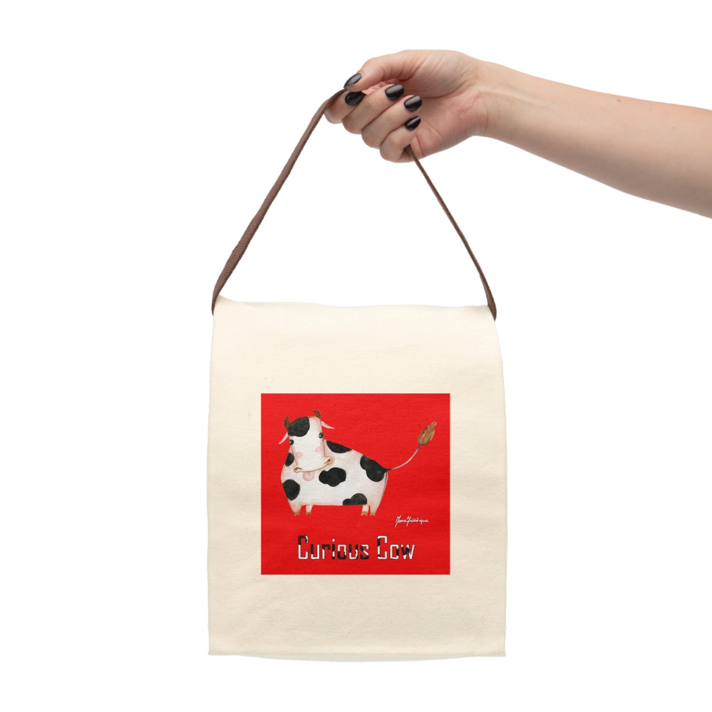 Curious Cow on red - Canvas Lunch Bag With Strap by Artist Marie Frederique