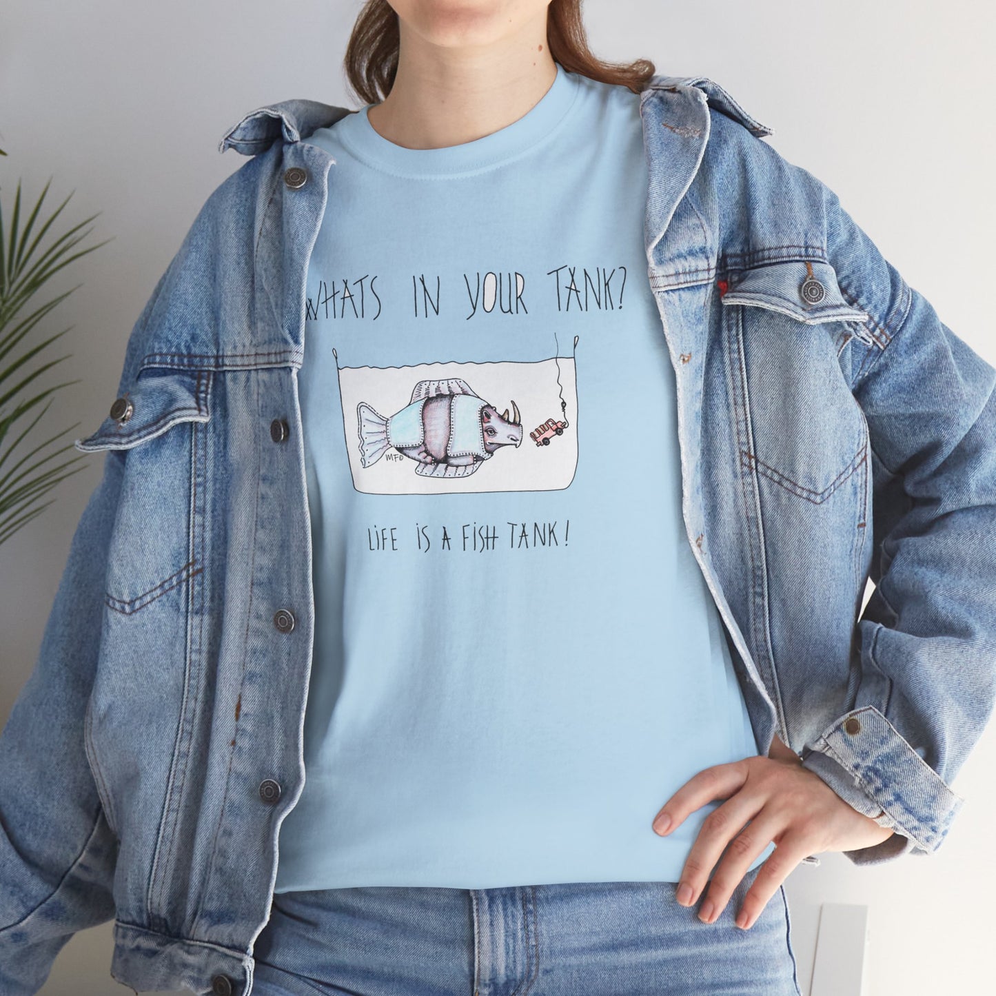 Life is a Fish Tank Collection, "What's in your tank?  Rhino Fish with dangling bait/vehicle on a hook. Unisex Heavy Cotton Tee by artist Marie Frederique