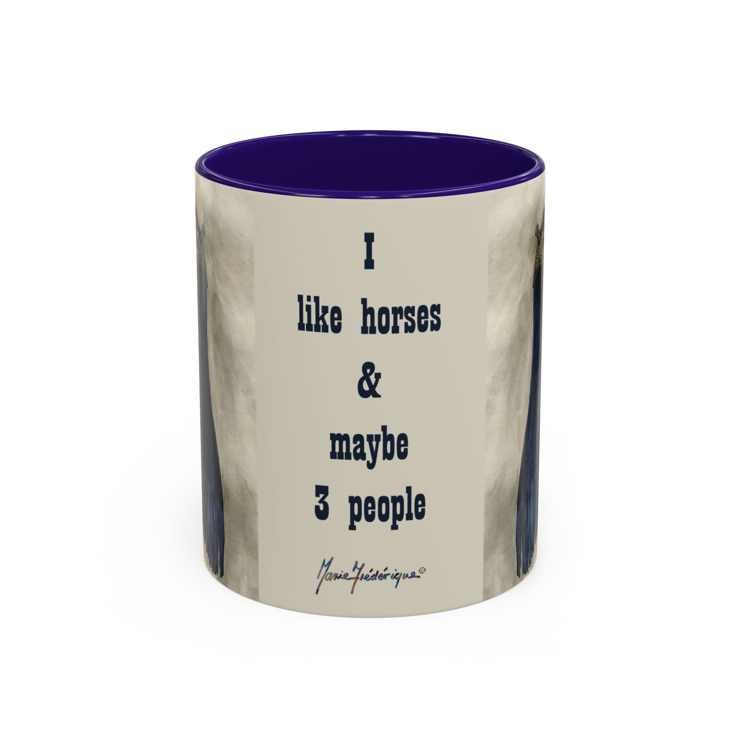 I like horses and maybe 3 people, Blue Chaps Western Equitation Colorful Mug by Artist Marie Frederique
