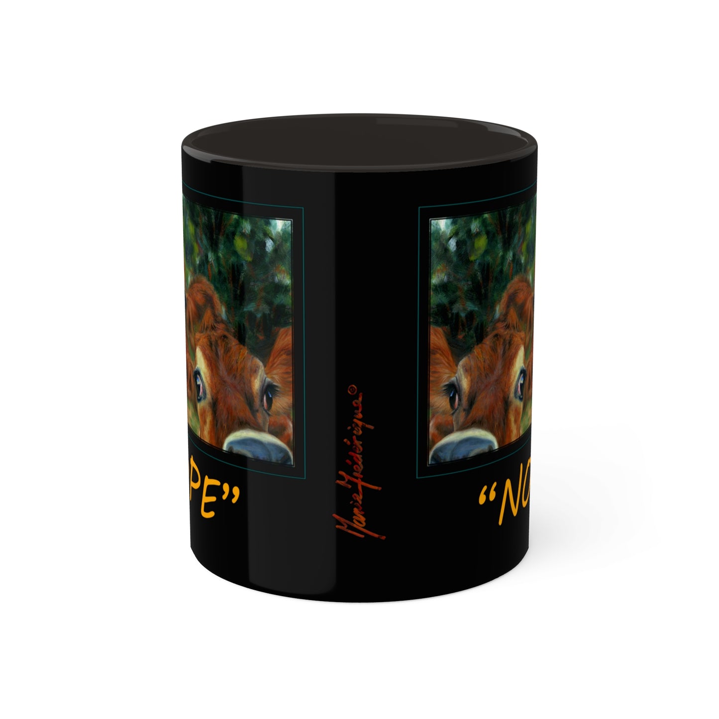 Cow art print, Colorful Udder "Nope" Mug in 3 colors, Black, Orange and light Green, 11oz by Artist Marie Frederique