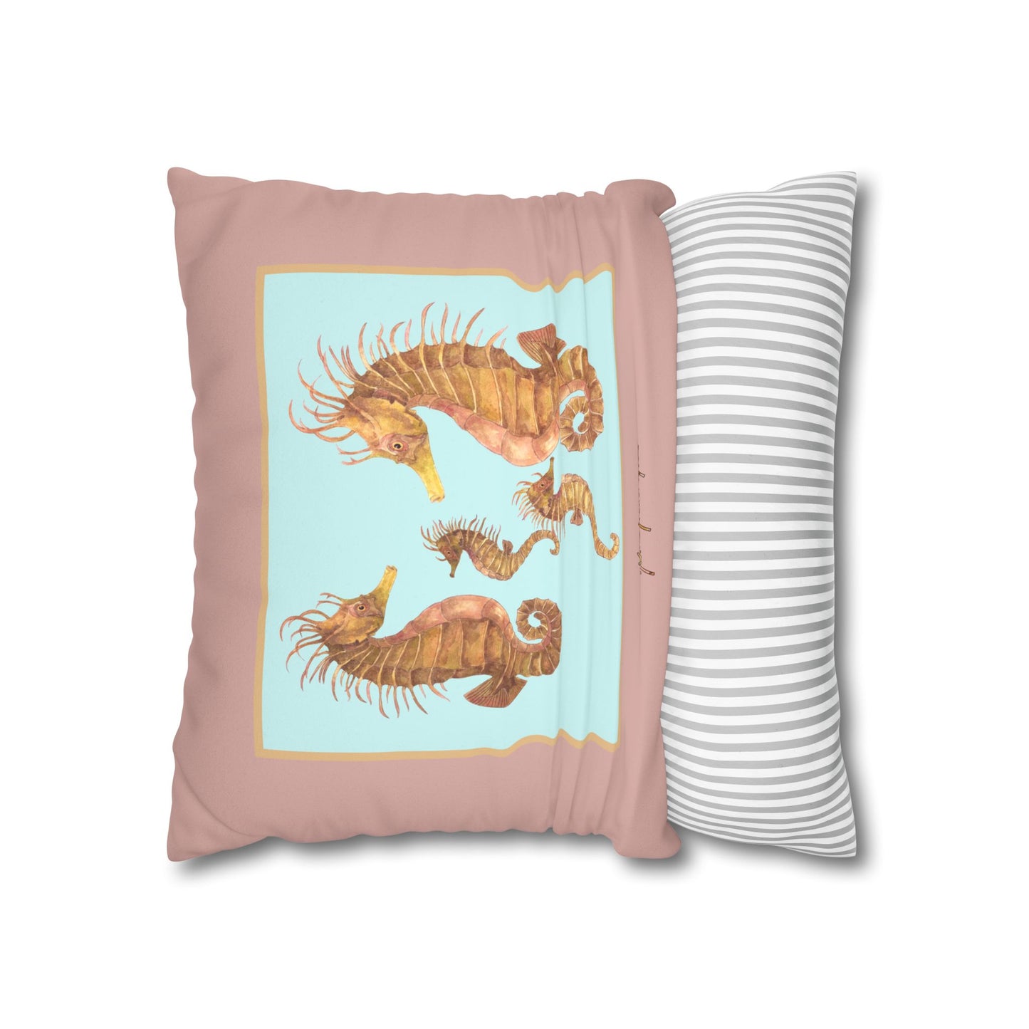 Seahorse Family Faux Suede Pillowcase – Coastal Decorative Throw Pillow by artist Marie Frederique