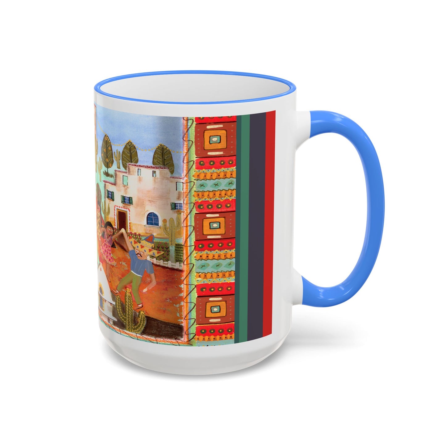 Colorful Fiesta Village Scene Accent Rim Mug — Whimsical Community Art Coffee Cup (11oz/15oz) by artist Marie Frederique
