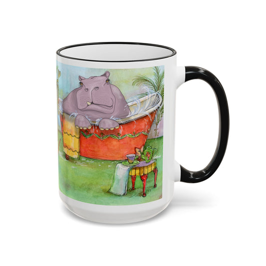 Hippo in bathtub Lounge Mug — Whimsical Zoo Animal Coffee Cup (11oz/15oz) by artist Marie Frederique