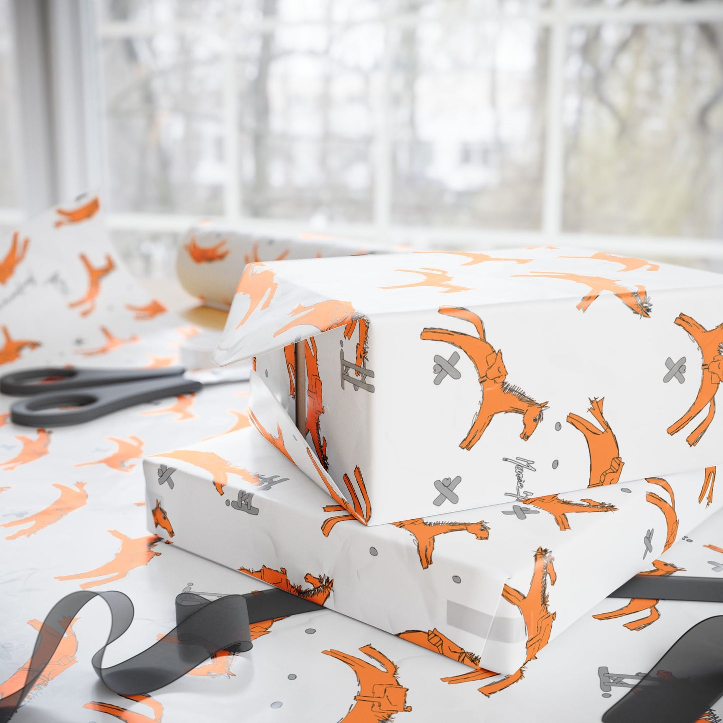 Horse Jumping Pattern Wrapping Paper – Orange Horses on White Gift Wrap (Holiday & Birthday) by artist Marie Frederique