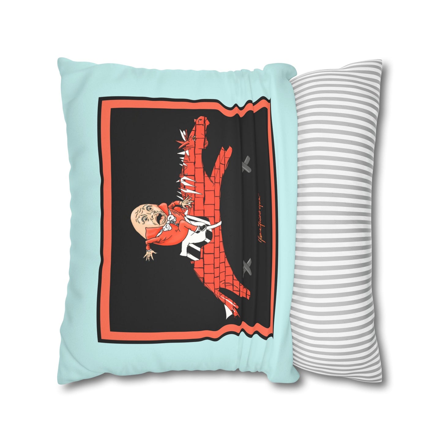 Humpty Jumpty Faux Suede Pillowcase — Retro Graphic Square Throw Pillow Cover by artist Marie Frederique