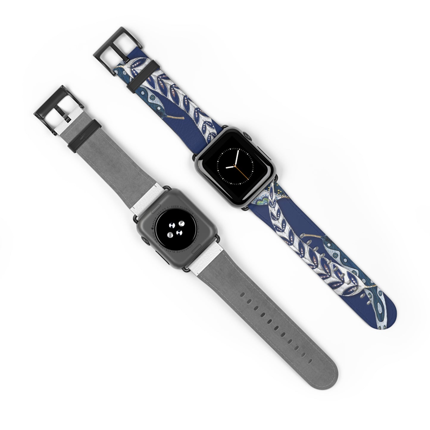 Blue Planet Series, Navy and White painted leaves on faux leather Watch Band by artist Marie Frederique