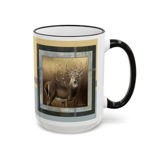 Christian Stag symbol, Deer Accent Rim Mug — 11oz & 15oz by artist Marie Frederique