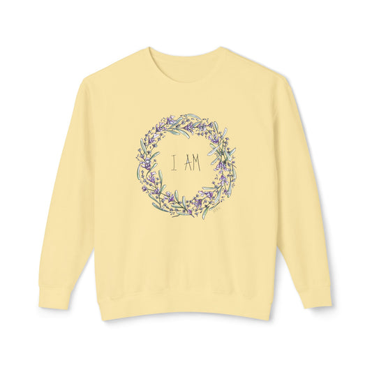 Lavender Wreath, with the words "I AM" in its center - Unisex Lightweight Crewneck Sweatshirt by Artist Marie Frederique