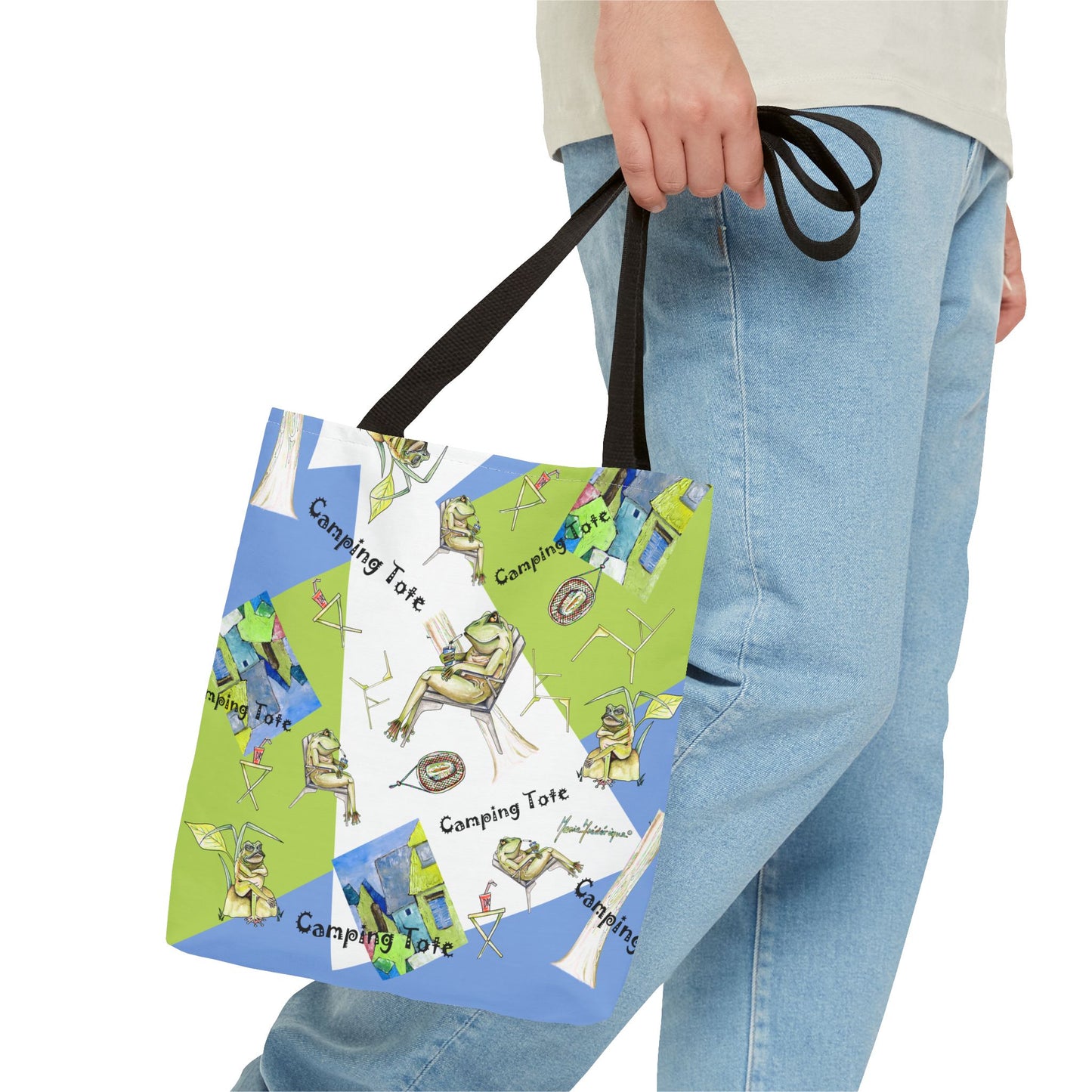 Camp Frog Adventure Tote Bag by artist Marie Frederique