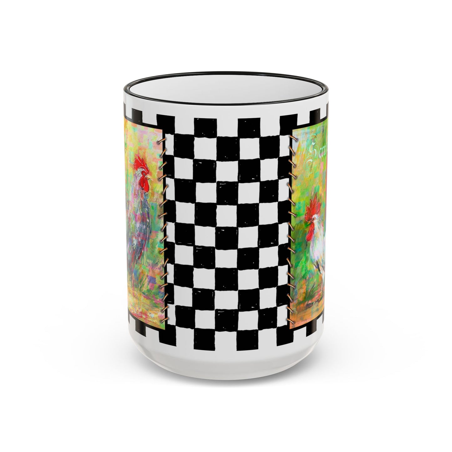 Checkerboard Scruffy & Freckles Rooster Accent Rim Mug – Colorful Farmhouse Coffee Cup (11oz & 15oz) by artist Marie Frederique