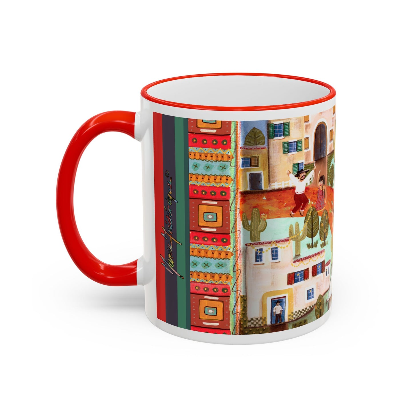 Colorful Fiesta Village Scene Accent Rim Mug — Whimsical Community Art Coffee Cup (11oz/15oz) by artist Marie Frederique