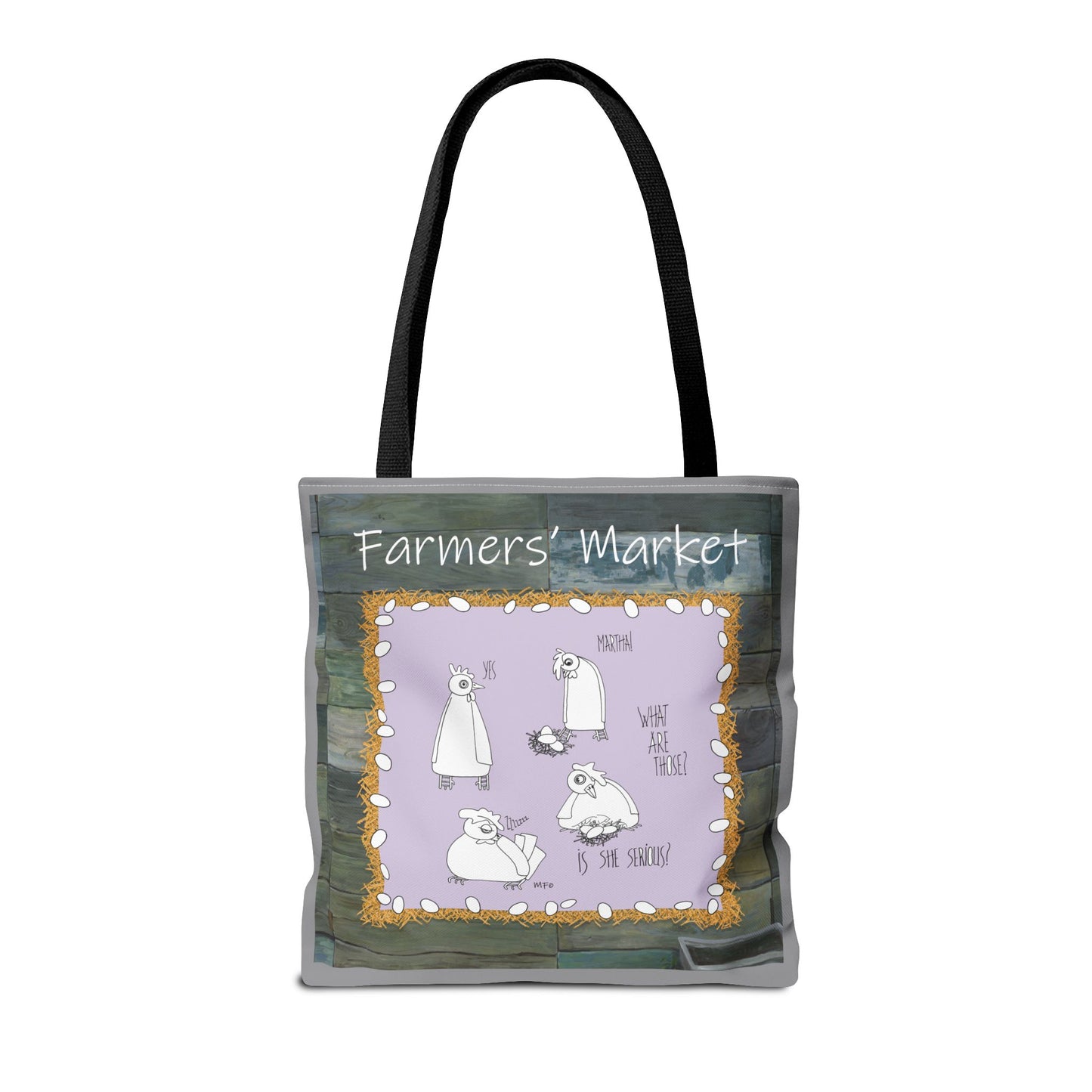 Farmers' Market Funny Chicken Tote Bag - Quirky Design with Chickens & Humor by artist Marie Frederique