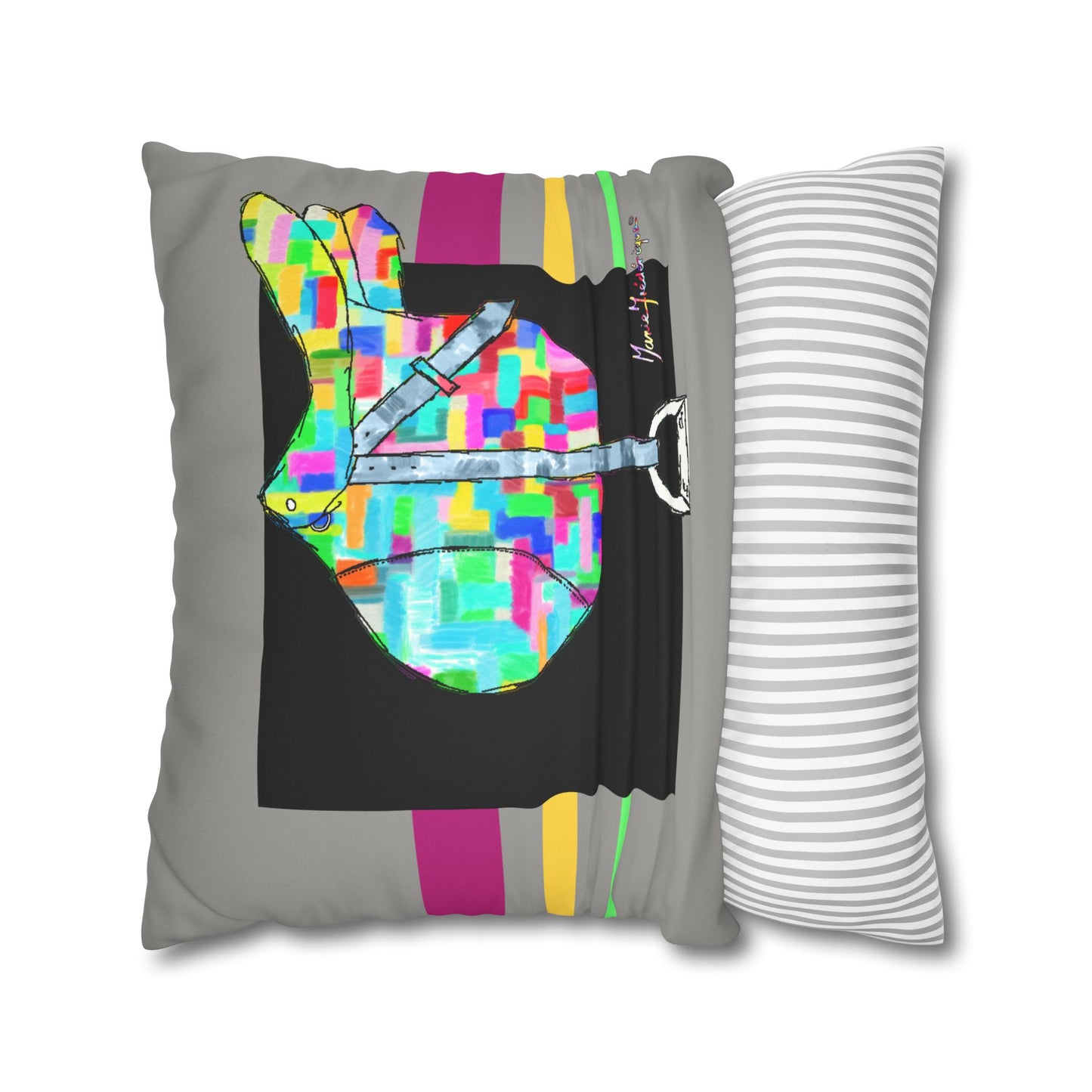 Equestrian Color block Saddle, Faux Suede Pillow cover by artist Marie Frederique