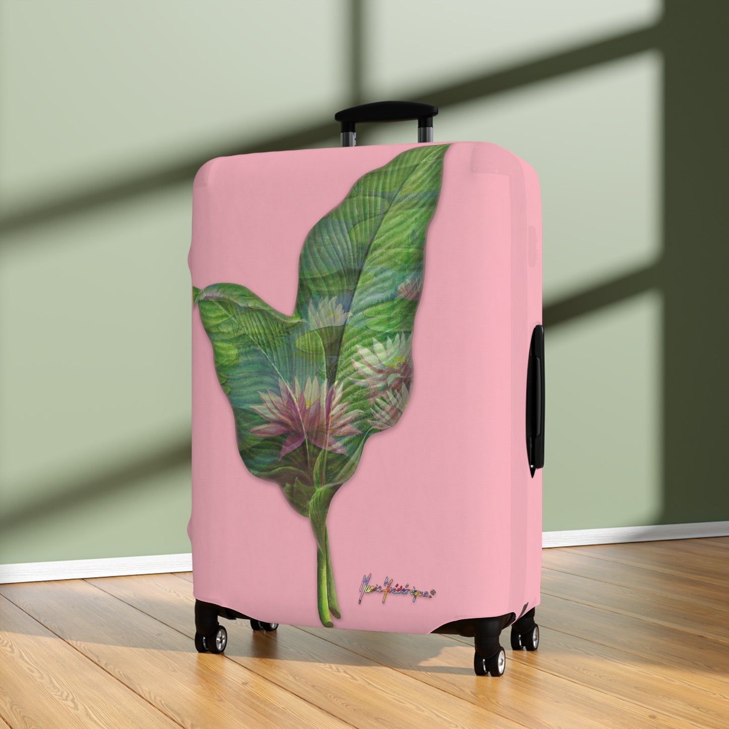 Luggage Cover, Pink lotus flower on pink background by artist Marie Frederique