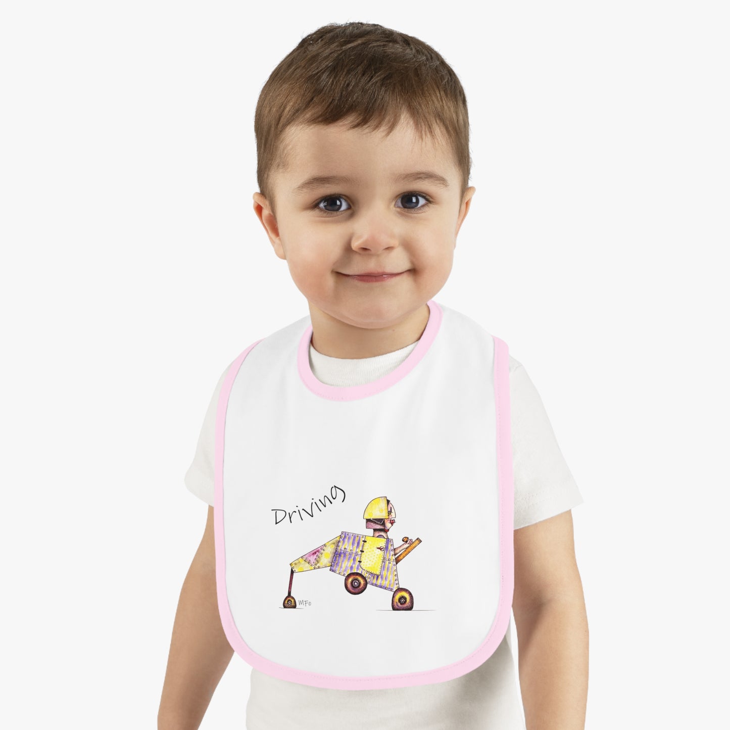 Driving - Super Cute Whimsical Designer Baby Contrast Trim Jersey Bib by artist Marie Frederique