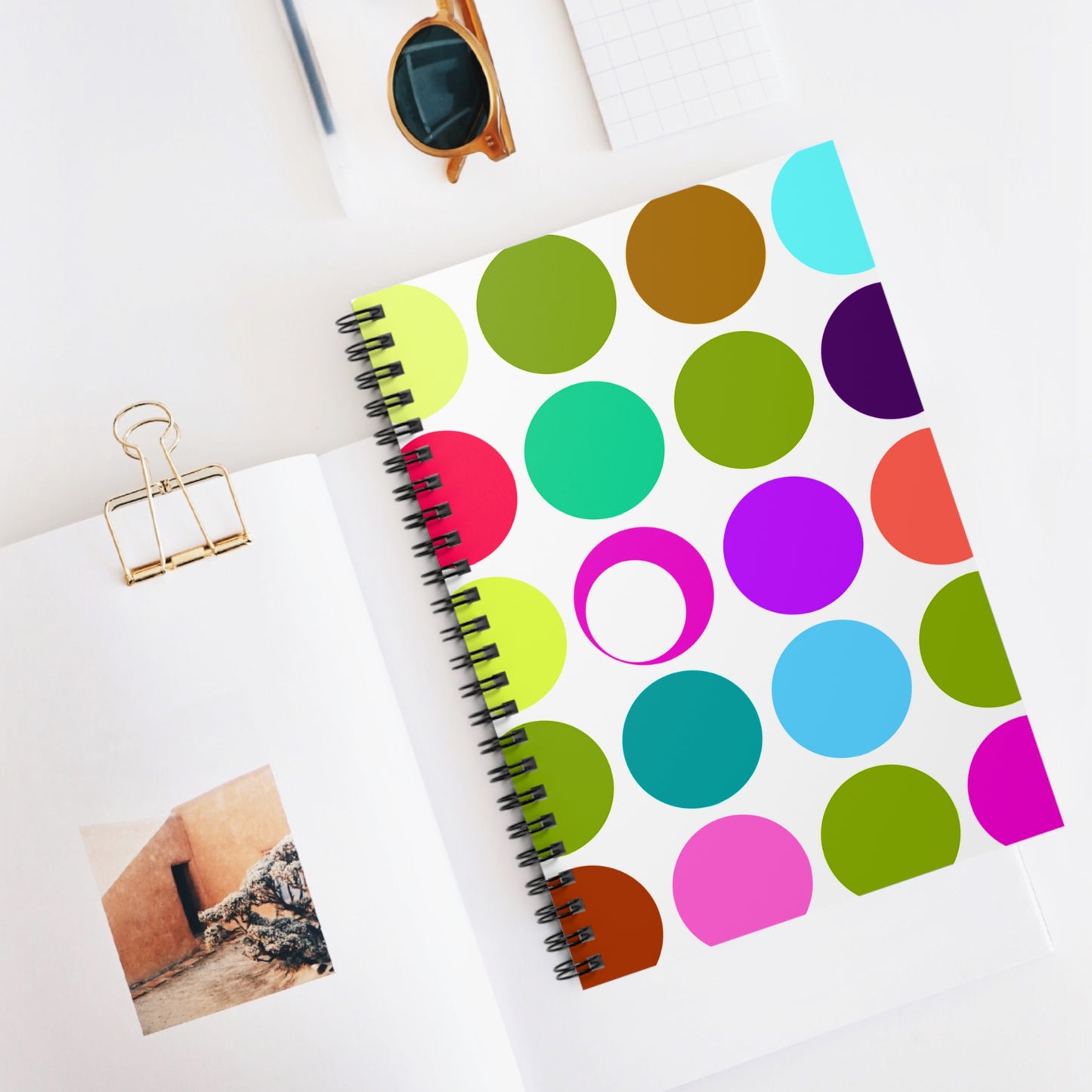 Patches, multicolored circles Spiral Notebook - Ruled Line by artist Marie Frederique