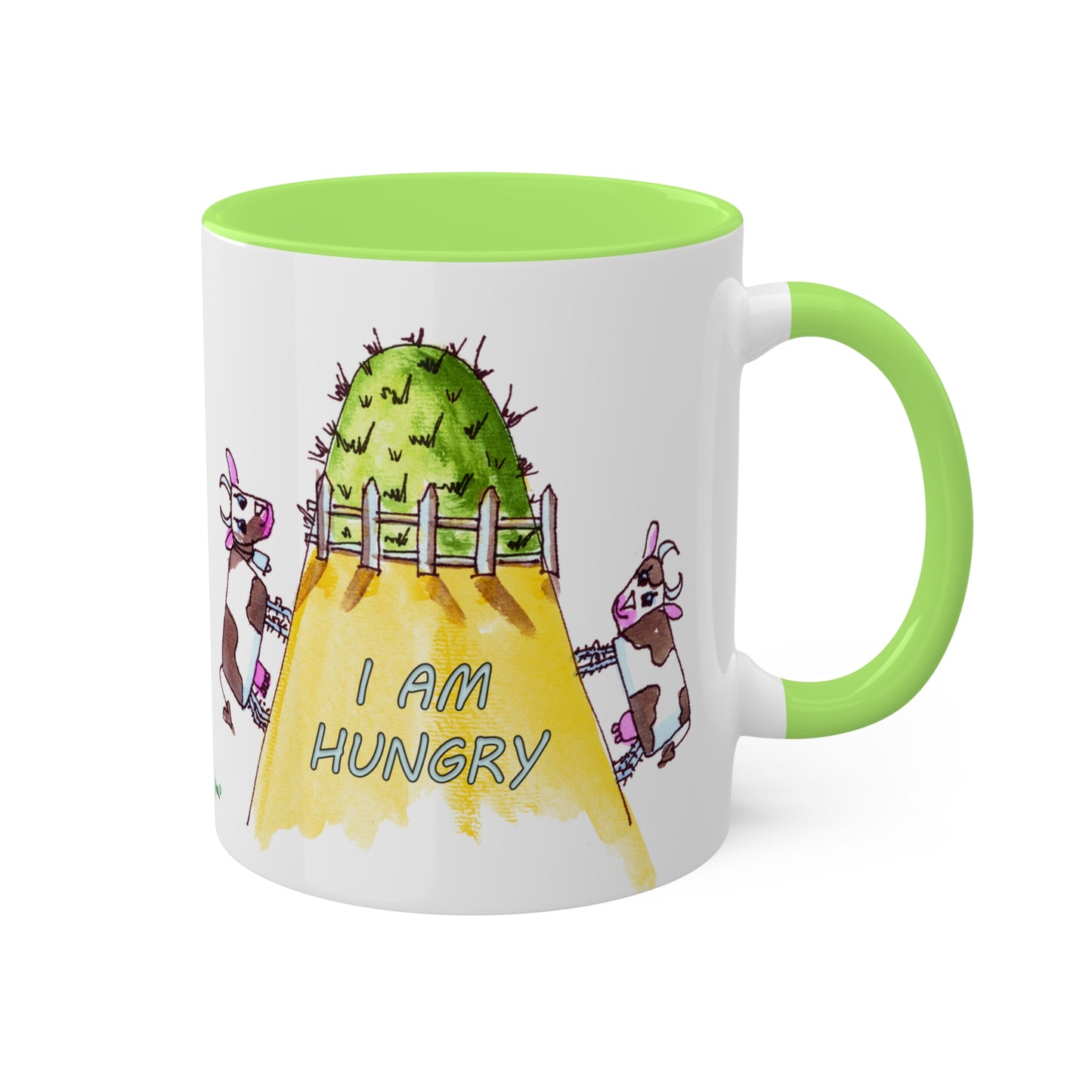 Cow, "The grass is always greener" - I am Hungry, Colorful Mugs in 4 colors, 11oz By Artist Marie Frederique