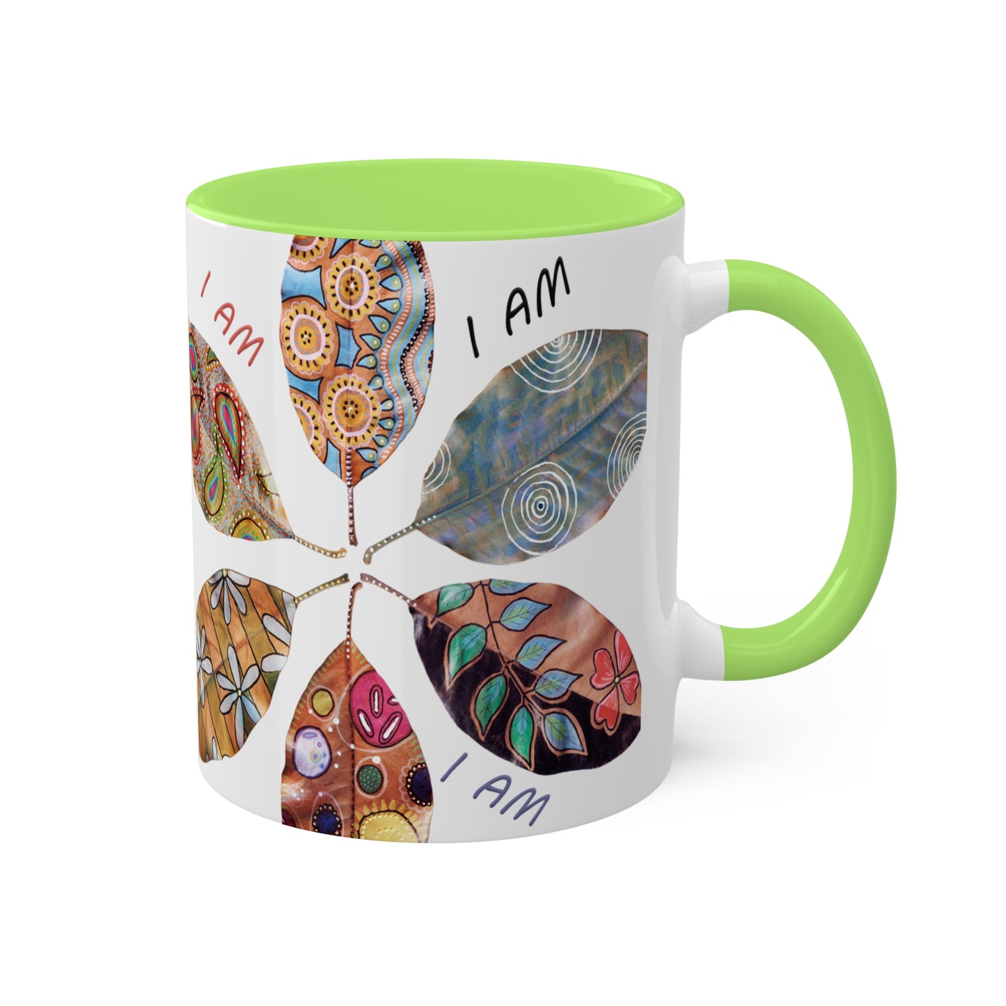 I AM collection with painted leaves - Colorful Mug in 5 colors, Red, Bblack, Yellow, Light Green and Cambridge Blue 11oz By Artist Marie Frederique