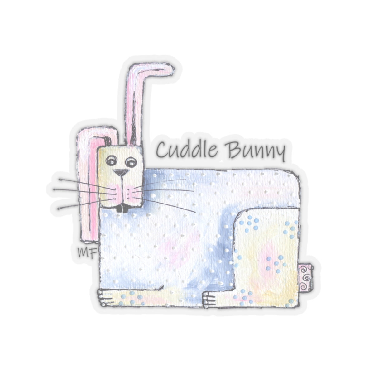 Cuddle Bunny Sticker in Blues and pinks by artist Marie Frederique