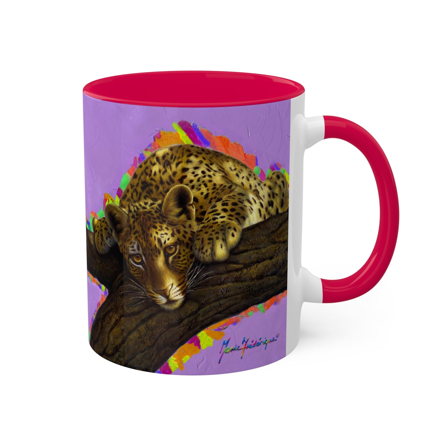 Leopard in a tree, "I'M WATCHING YOU" - Colorful Mug in 4 colors Red, Yellow, Light Green and Pink 11oz By Artist Marie Frederique