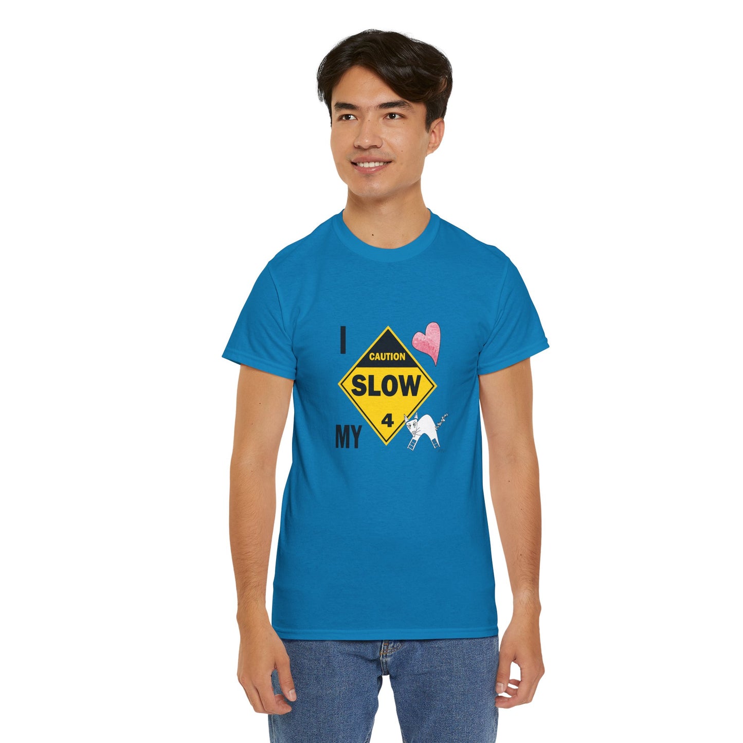 Slow, Caution - I love my cat, Tee Unisex Heavy Cotton Tee by artist Marie Frederique