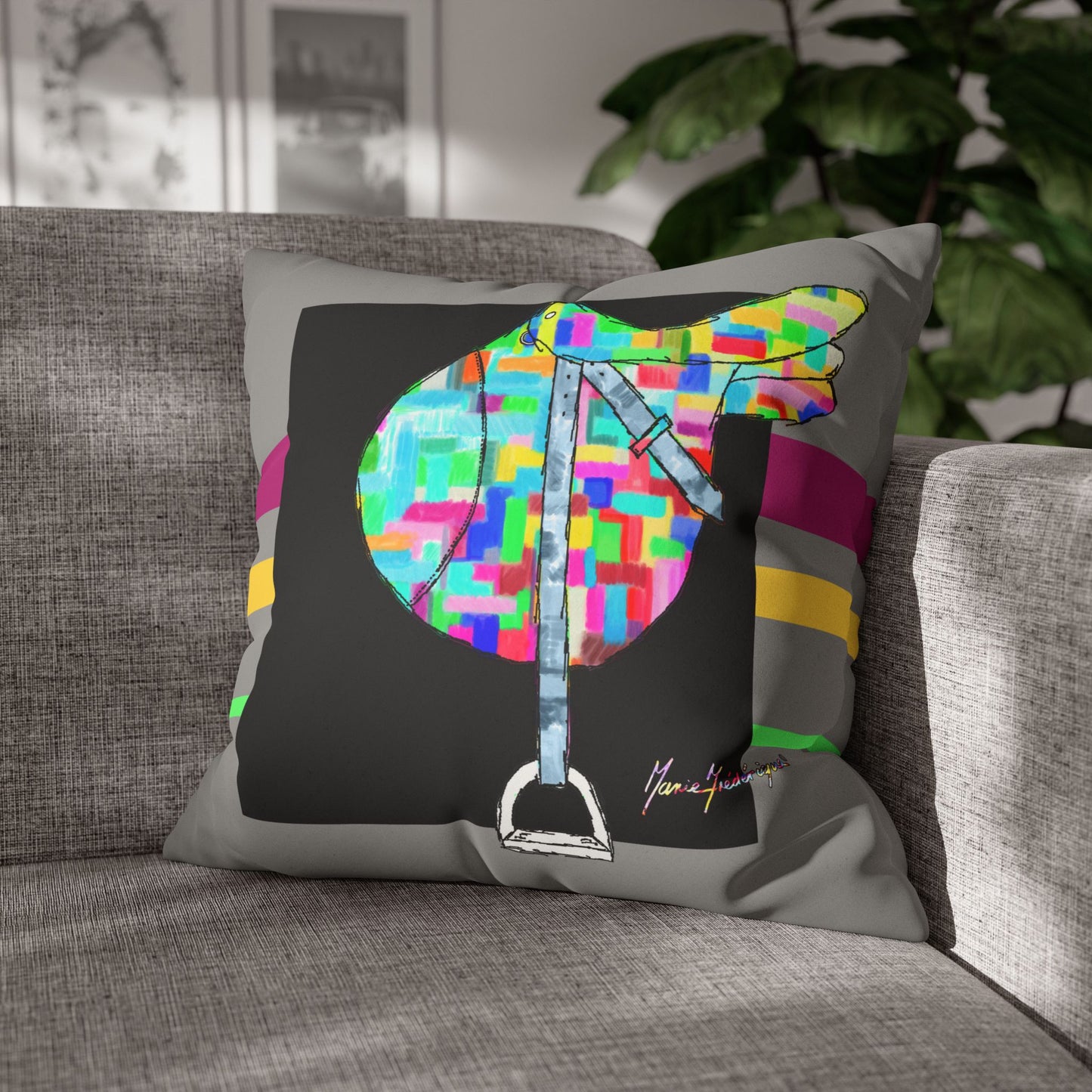 Equestrian Color block Saddle, Faux Suede Pillow cover by artist Marie Frederique